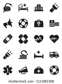 Set of vector isolated black icon - hose vector, heart pulse, doctor case, patch, ambulance star, car, hospital bed, loudspeaker, torch, crisis management