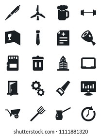 Set of vector isolated black icon - notebook pc vector, statistic monitor, farm fork, wheelbarrow, saw, diagnosis, barbell, sd, office building, tie, pen, windmill, wine card, beer, ham, trash bin
