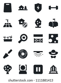 Set of vector isolated black icon - trowel vector, seedling, barbell, search cargo, vinyl, pause button, protect, face id, house with tree, fruit, estate insurance, mailbox, dress code, alcove