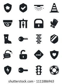 Set of vector isolated black icon - security gate vector, smoking place, border cone, glove, boot, hose, heart shield, traffic light, protect, lock, key, home, surveillance, sprinkler