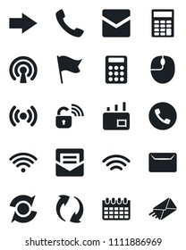 Set of vector isolated black icon - phone vector, right arrow, mouse, calendar, call, update, mail, wireless, calculator, lock, flag