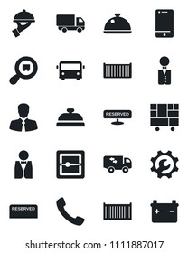 Set of vector isolated black icon - airport bus vector, client, cargo container, car delivery, consolidated, search, cell phone, call, scanner, root setup, moving, waiter, dish, reserved, reception