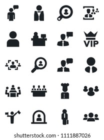 Set of vector isolated black icon - dispatcher vector, vip, reception, speaking man, manager place, speaker, group, user, hr, meeting, client search, estate agent, waiter, cook, consumer