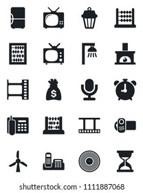 Set of vector isolated black icon - alarm clock vector, abacus, money bag, film frame, vinyl, video camera, microphone, office phone, fireplace, tv, outdoor lamp, fridge, windmill, sand