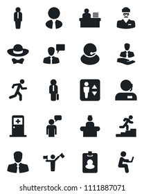 Set of vector isolated black icon - dispatcher vector, elevator, reception, medical room, manager, speaking man, run, doctor, support, client, desk, career ladder, estate agent, dress code