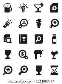 Set of vector isolated black icon - document search vector, ampoule, fragile, cargo, torch, water supply, estate, wine card, cocktail, beer, energy saving bulb, consumer, money, idea, sand clock