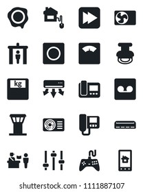 Set of vector isolated black icon - airport tower vector, passport control, security gate, stamp, scales, gamepad, fast forward, tuning, record, air conditioner, home, intercome, app