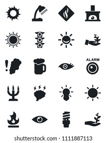 Set of vector isolated black icon - sun vector, brainstorm, fire, eye, traffic light, desk lamp, fireplace, beer, candle, smoke detector, bulb, energy saving, alarm led, palm sproute