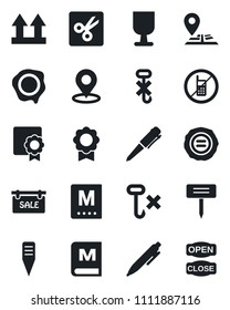 Set of vector isolated black icon - no mobile vector, pen, stamp, plant label, navigation, fragile, up side sign, hook, cut, place tag, sertificate, sale, menu, open close