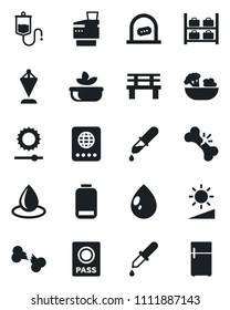 Set of vector isolated black icon - ticket office vector, passport, luggage storage, pennant, water drop, bench, dropper, broken bone, low battery, brightness, copier, salad, fridge