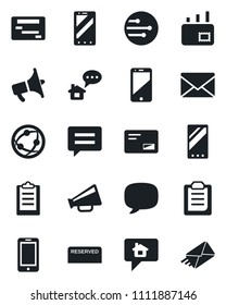 Set of vector isolated black icon - mobile phone vector, mail, loudspeaker, network, cell, message, clipboard, reserved, home, schedule