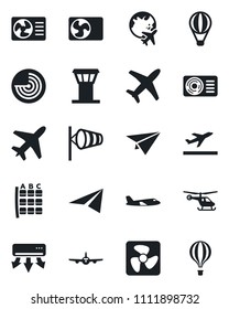 Set of vector isolated black icon - plane vector, airport tower, departure, wind, radar, helicopter, seat map, globe, air conditioner, fan, paper, balloon