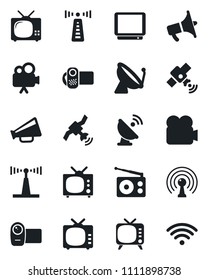 Set of vector isolated black icon - antenna vector, satellite, radio, loudspeaker, tv, video camera, wireless