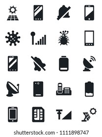 Set of vector isolated black icon - mobile phone vector, virus, satellite antenna, cell, low battery, back, sim, mute, cellular signal, office, sun panel