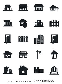 Set of vector isolated black icon - house vector, garden light, hospital, store, office building, with garage, fence, sweet home, cafe, eco, door