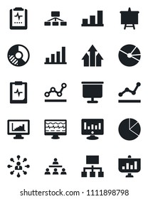 Set of vector isolated black icon - hierarchy vector, presentation board, statistic monitor, circle chart, pulse, clipboard, statistics, bar graph, pie, point, arrow up