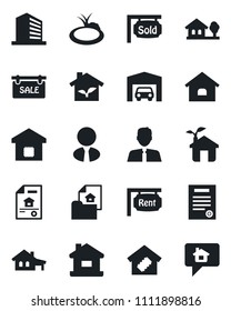Set of vector isolated black icon - office building vector, pond, contract, house, with garage, tree, estate document, sale, rent, sold signboard, agent, smart home, eco, message