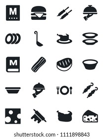 Set of vector isolated black icon - cafe vector, menu, plates, bacon, waiter, chicken, steak, kebab, hamburger, ladle, bowl, rolling pin, cheese