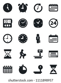 Set of vector isolated black icon - 24 around vector, alarm clock, calendar, heavy scales, stopwatch, manager, schedule, sand
