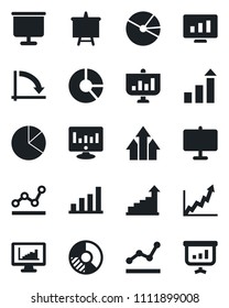 Set of vector isolated black icon - growth statistic vector, presentation board, crisis graph, monitor, circle chart, statistics, bar, pie, point, arrow up