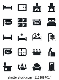 Set of vector isolated black icon - baby room vector, bed, shower, checkroom, fireplace, hospital, meeting, plan, rent, rooms, bedroom, cushioned furniture, door