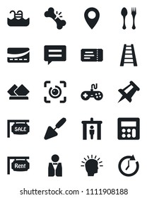 Set of vector isolated black icon - spoon and fork vector, security gate, ticket, drawing pin, trowel, ladder, broken bone, gamepad, message, calculator, eye id, pool, sale, rent, waiter, serviette