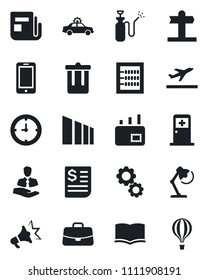 Set of vector isolated black icon - departure vector, trash bin, alarm car, medical room, mobile phone, book, case, garden sprayer, signpost, client, clock, receipt, sorting, news, abacus, desk lamp