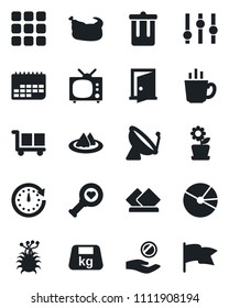 Set of vector isolated black icon - satellite antenna vector, trash bin, heart diagnostic, virus, term, cargo, heavy, settings, menu, pie graph, tv, flower in pot, serviette, coffee, chicken, door