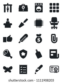Set of vector isolated black icon - security gate vector, reception, trowel, butterfly, doctor case, dropper, thermometer, finger up, menu, paper clip, news, checklist, ham, cutting board, chip