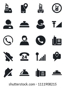 Set of vector isolated black icon - phone vector, no mobile, reception bell, office, 24 hours, support, tracking, radio, mute, cellular signal