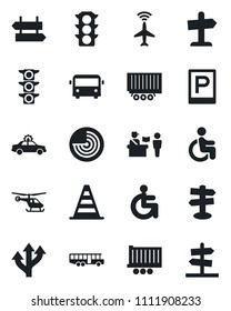 Set of vector isolated black icon - plane radar vector, airport bus, parking, passport control, signpost, alarm car, border cone, helicopter, disabled, route, traffic light, truck trailer, guidepost