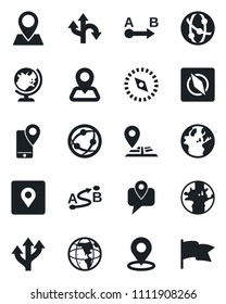 Set of vector isolated black icon - globe vector, route, navigation, earth, pin, mobile tracking, network, place tag, compass, flag