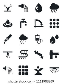 Set of vector isolated black icon - crisis graph vector, watering, water drop, rain, drip irrigation, dropper, menu, supply, sprinkler