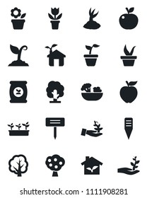Set of vector isolated black icon - flower in pot vector, seedling, tree, sproute, plant label, fertilizer, fruit, salad, apple, eco house, palm