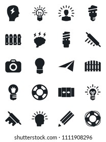 Set of vector isolated black icon - automatic door vector, brainstorm, bulb, camera, pencil, fence, rolling pin, energy saving, shining head, idea, paper plane, crisis management