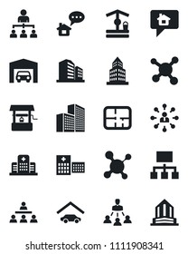 Set of vector isolated black icon - hierarchy vector, well, molecule, hospital, office building, garage, plan, home message