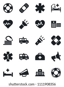 Set of vector isolated black icon - hose vector, heart pulse, doctor case, patch, ambulance star, car, hospital bed, loudspeaker, torch, crisis management