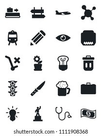 Set of vector isolated black icon - baggage conveyor vector, train, signpost, plane, case, pedestal, pencil, molecule, stethoscope, eye, traffic light, no trolley, hdmi, flower in pot, beer, knife
