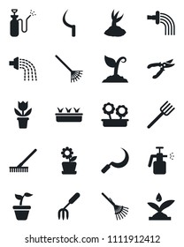 Set of vector isolated black icon - flower in pot vector, garden fork, farm, rake, seedling, watering, sproute, pruner, sickle, sprayer, irrigation