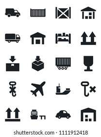 Set of vector isolated black icon - plane vector, sea shipping, truck trailer, cargo container, car delivery, port, fragile, up side sign, no hook, warehouse, package, rack