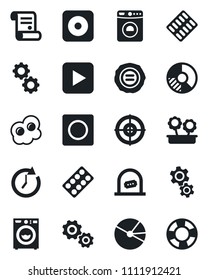 Set of vector isolated black icon - ticket office vector, washer, circle chart, stamp, contract, pills blister, play button, rec, record, pie graph, target, flower in pot, omelette, gear, clock