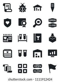 Set of vector isolated black icon - contract vector, statistic monitor, lady bug, plant label, blood test vial, heart shield, medical calendar, package, search cargo, application, sertificate, flag