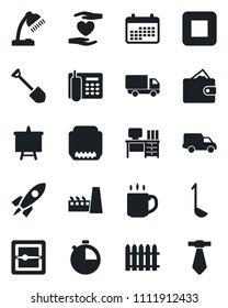 Set of vector isolated black icon - desk vector, presentation board, job, fence, heart hand, car delivery, stop button, hdmi, stopwatch, scanner, coffee, office phone, lamp, factory, ladle, rocket