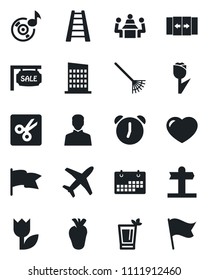 Set of vector isolated black icon - automatic door vector, rake, ladder, real heart, signpost, plane, tulip, user, alarm, cut, music, calendar, meeting, sale, city house, phyto bar, flag
