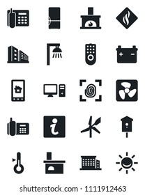 Set of vector isolated black icon - fireplace vector, bird house, office phone, building, fridge, fingerprint, fan, remote control, pc, home app, smoke detector, thermometer, outdoor lamp, windmill