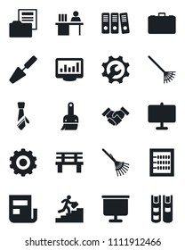 Set of vector isolated black icon - gear vector, case, trowel, rake, bench, themes, root setup, monitor statistics, presentation board, news, document folder, abacus, manager desk, paper binder, tie
