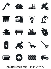 Set of vector isolated black icon - flight table vector, factory, rake, lawn mower, axe, bench, satellite, flame disk, battery, charge, desk lamp, pool, fence, estate insurance, salad, serviette