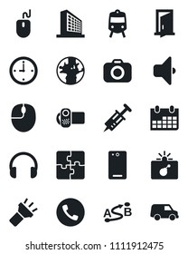Set of vector isolated black icon - train vector, phone, bomb in case, office building, mouse, calendar, syringe, earth, route, camera, video, headphones, back, torch, application, clock, sound, car