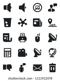 Set of vector isolated black icon - satellite antenna vector, no laptop, trash bin, globe, speaking man, mail, mouse, navigation, news, share, finger down, video, calculator, printer, sound