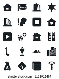 Set of vector isolated black icon - office building vector, pennant, money bag, house, play button, stop, blank box, book, sun panel, mountains, rooms, sweet home, ladle, smoke detector, police, tie